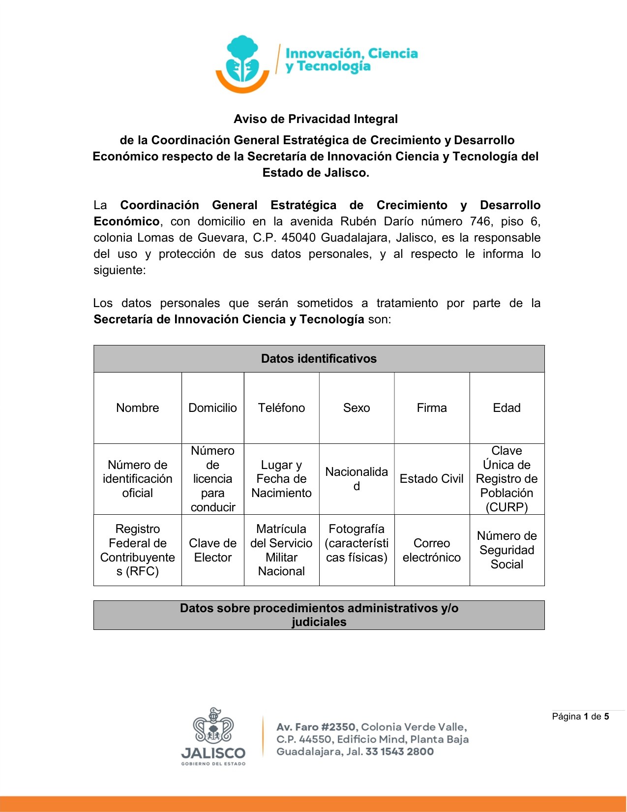 Aviso de privacidad integral, página 1 de 5