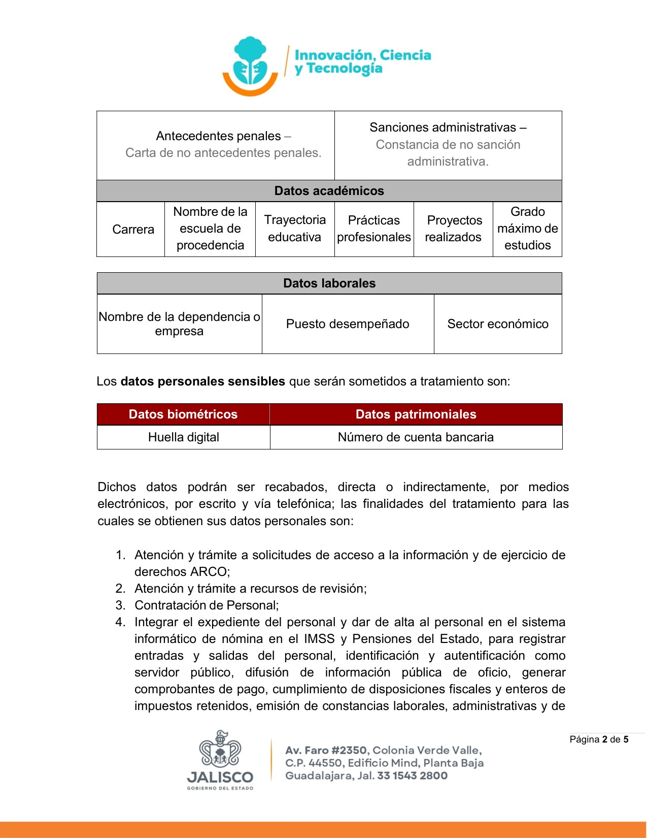 Aviso de privacidad integral, página 2 de 5