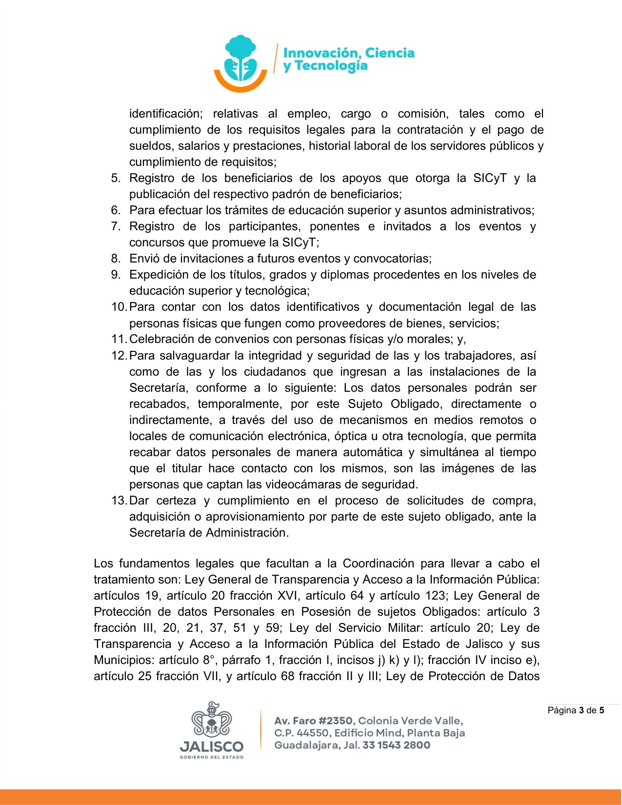 Aviso de privacidad integral, página 3 de 5