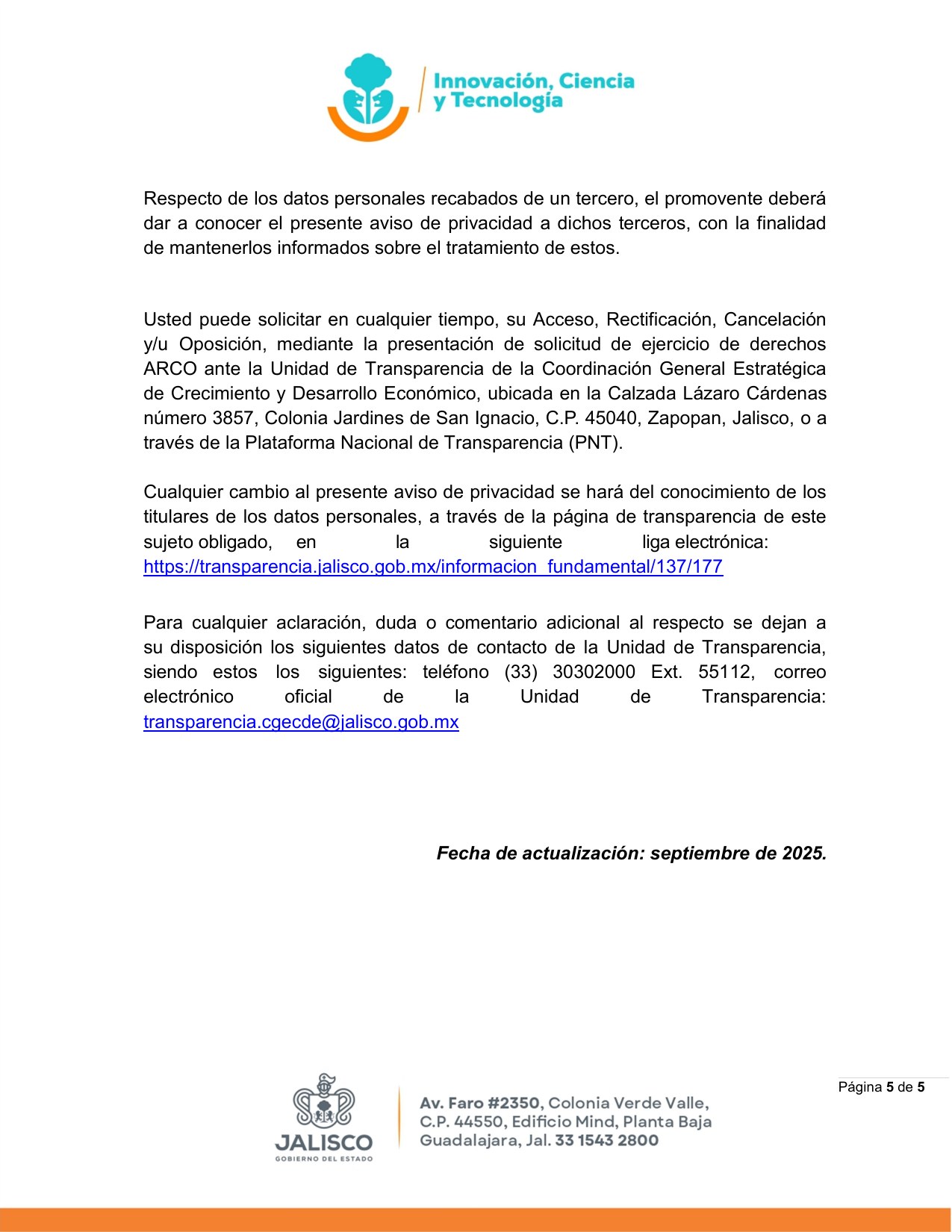 Aviso de privacidad integral, página 5 de 5
